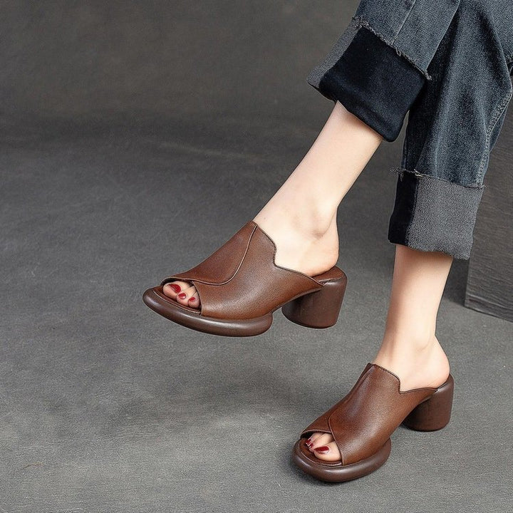 Soft Leather Peep Toe Block Heel Mules