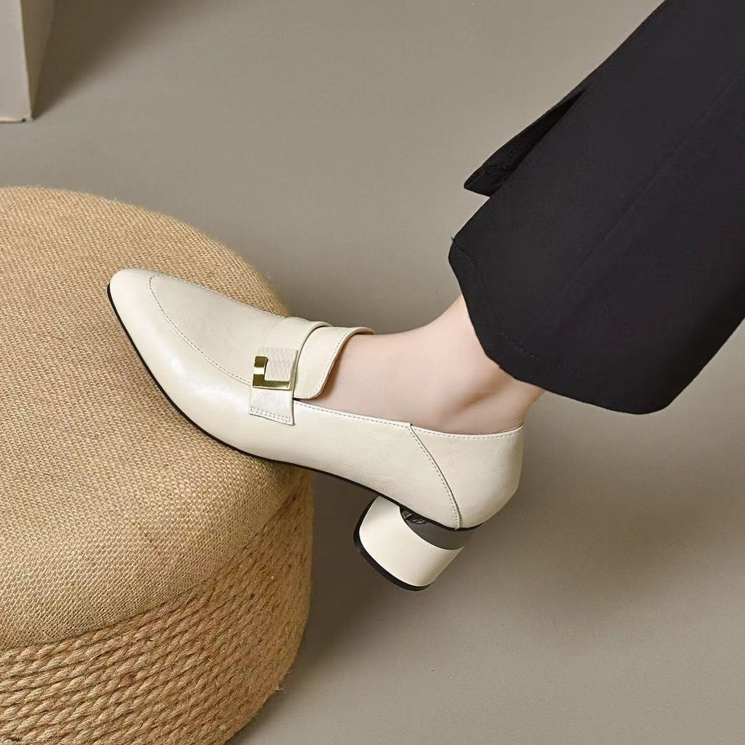 Genuine Leather Pointed Toe Block Heel Pumps