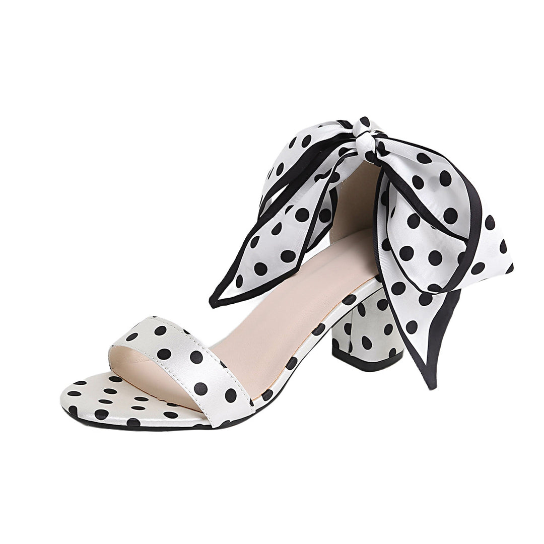 Polka Dot Bow Ankle Tie Block Heel Sandals