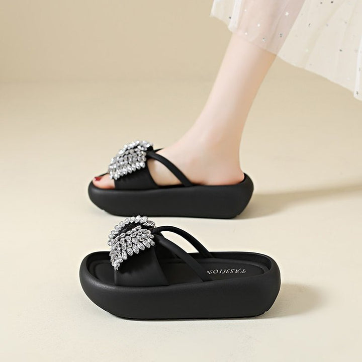 Rhinestone Bow Platform Slide Sandals