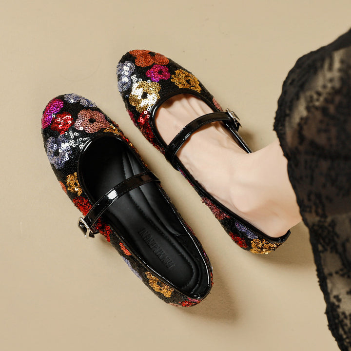 Floral Sequin Mary Jane Flats