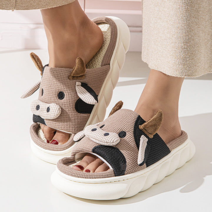 Cute Cow Print Platform Linen Slide Sandals