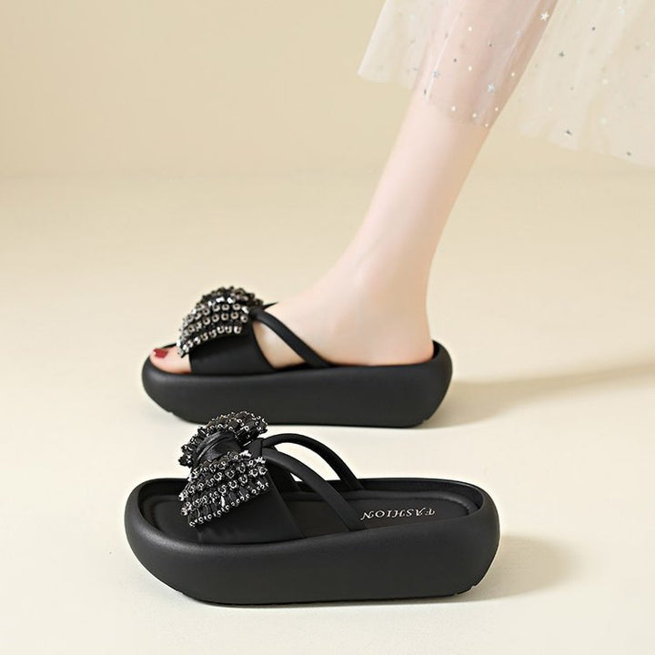 Rhinestone Bow Platform Slide Sandals
