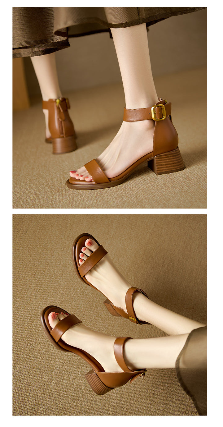 French Vintage Block Heel Strappy Sandals