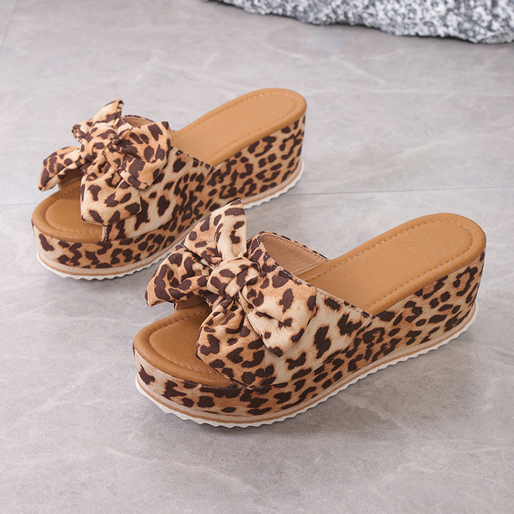 Leopard Bow Platform Slide Sandals