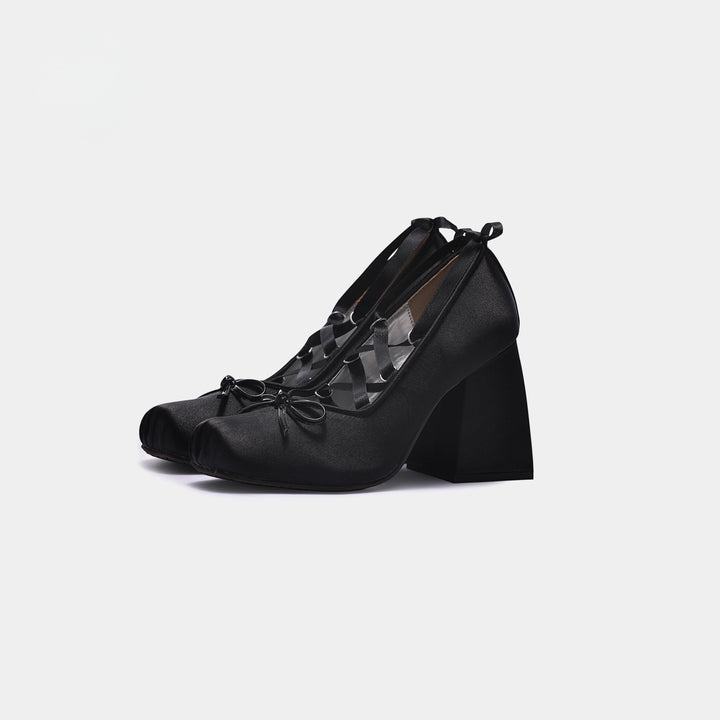 Satin Bow Lace-Up Mary Jane Heels