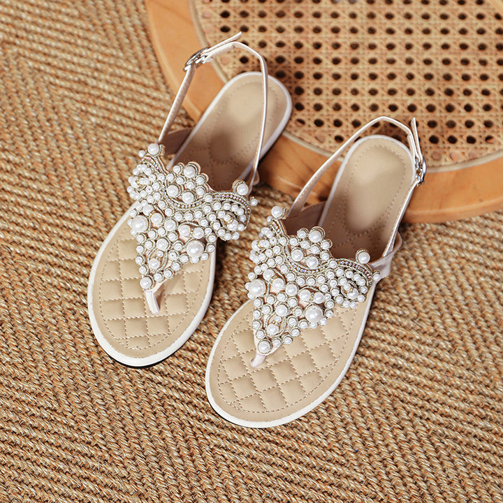 Pearl Embellished T-Strap Flat Sandals