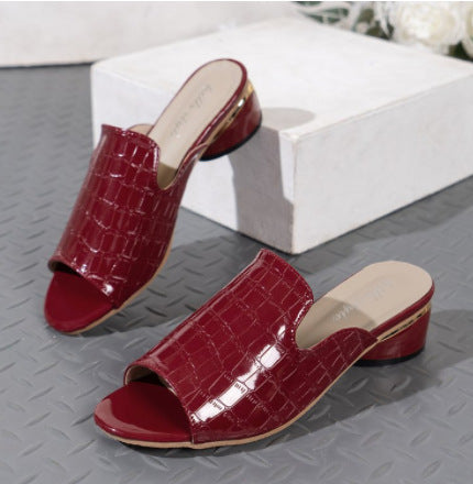 Chunky Heel Peep Toe Slide Sandals