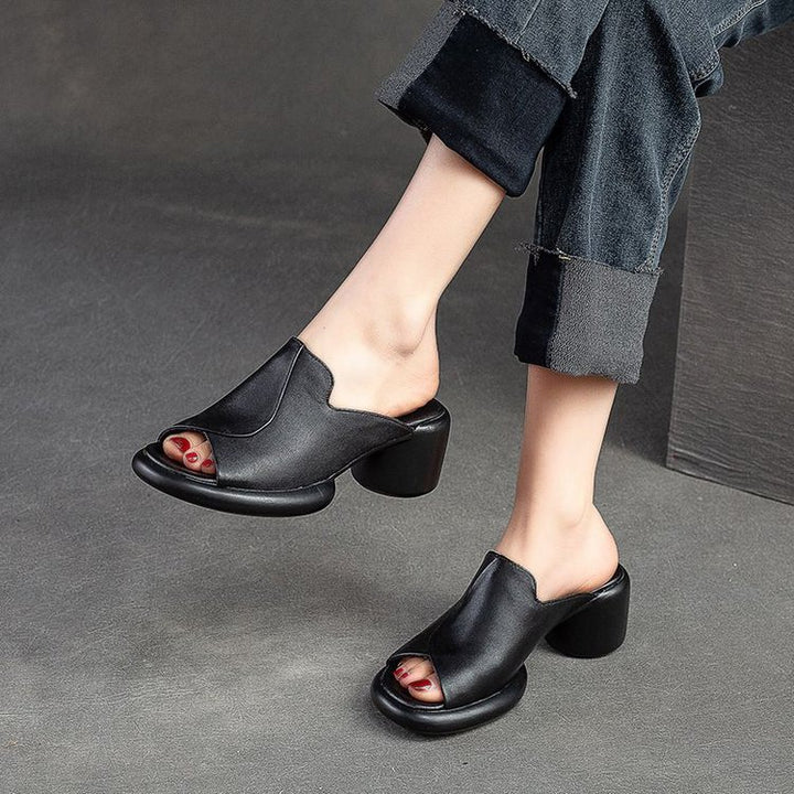 Soft Leather Peep Toe Block Heel Mules