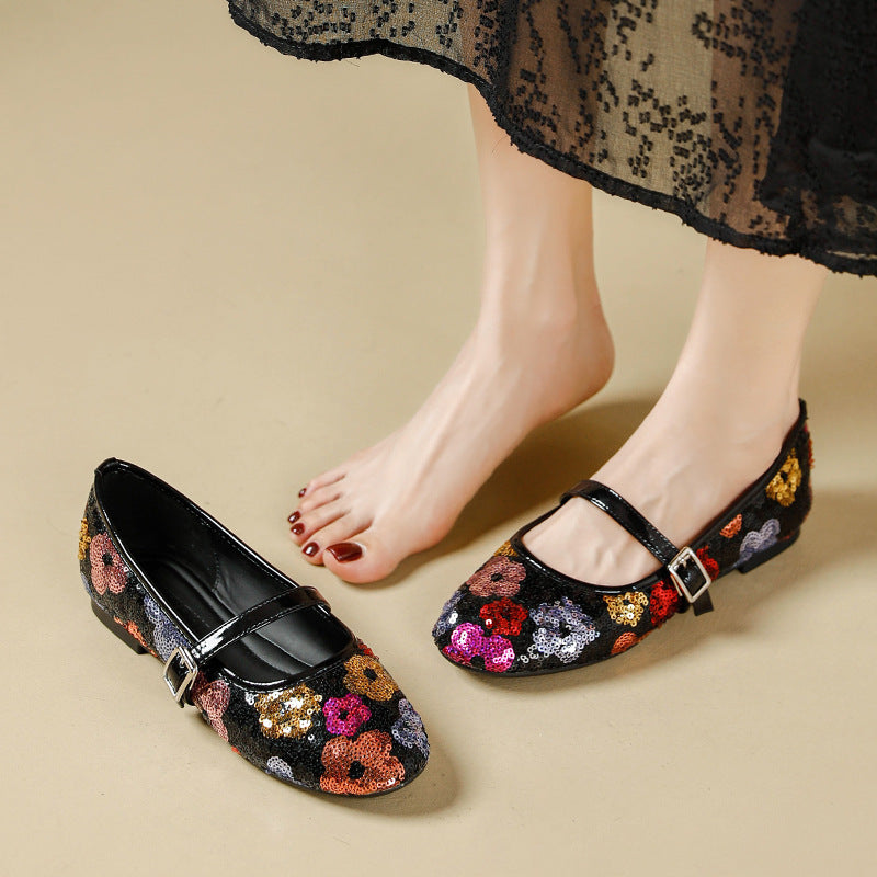 Floral Sequin Mary Jane Flats