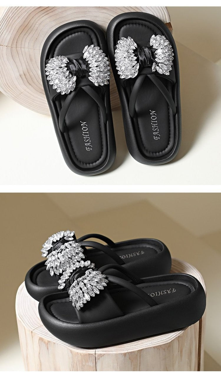 Rhinestone Bow Platform Slide Sandals