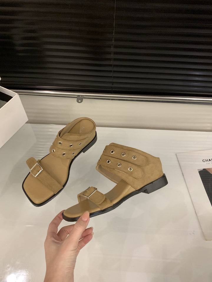Studded Buckle Strap Flat Sandals