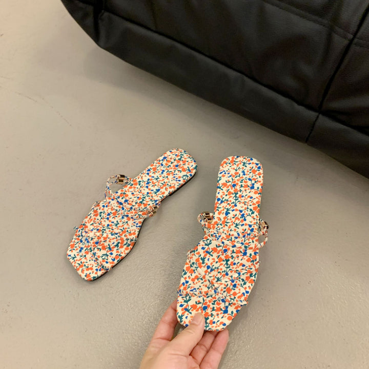 French Square Toe Flat Slide Sandals