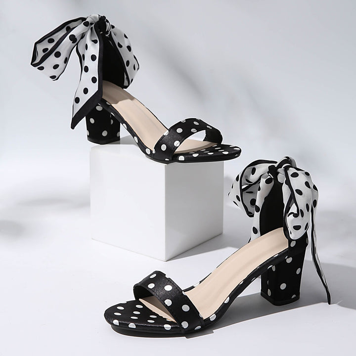 Polka Dot Bow Ankle Tie Block Heel Sandals