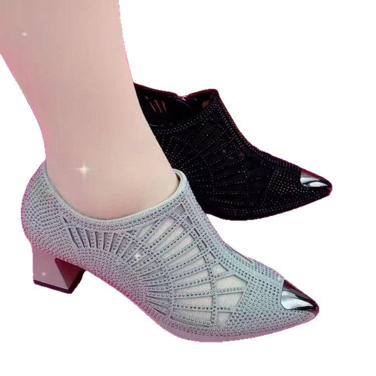 Rhinestone Mesh Pointed Toe Heeled Sandals