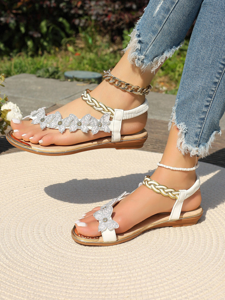 Rhinestone Butterfly Flat Sandals with Anklet