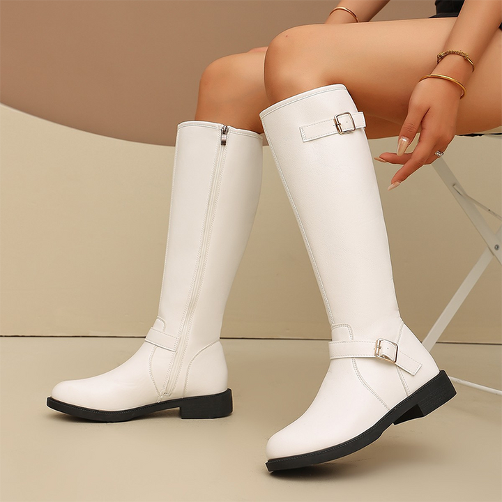 Sparkling Denim Buckle Knee-High Boots