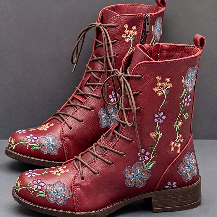 Vintage Floral Lace-Up Ankle Boots