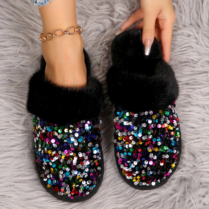 Sparkling Sequin Faux Fur Slippers