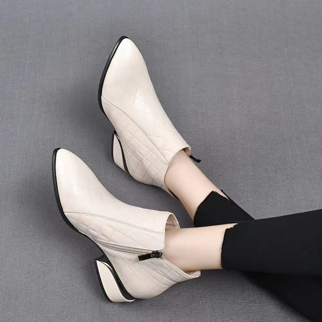 Quilted Pointed Toe Low Heel Ankle Boots
