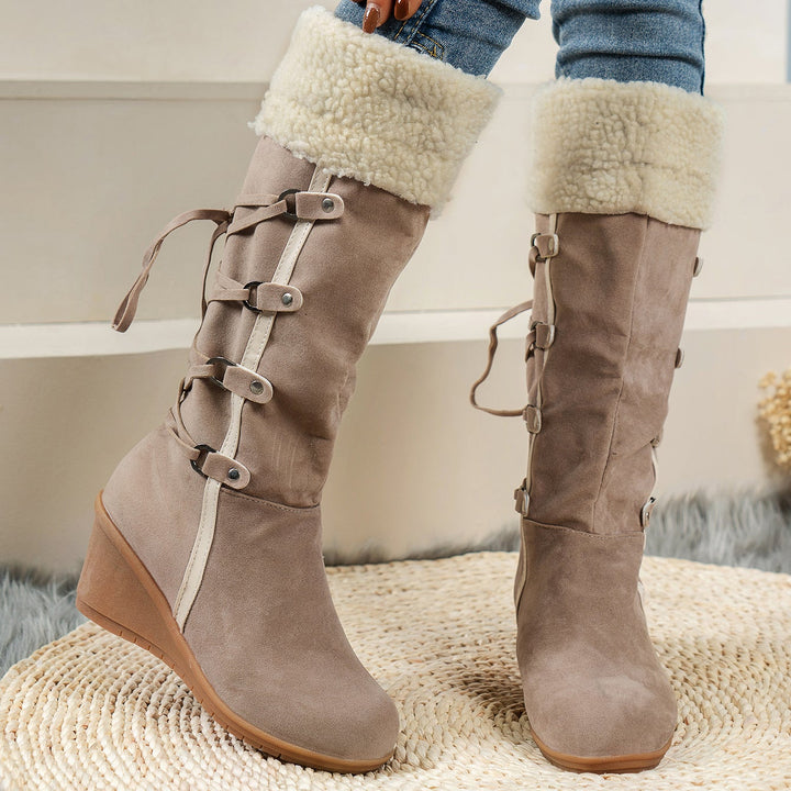 Brown Faux Suede Faux Fur Cuff Wedge Boots