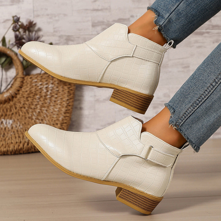 Ivory Croc-Embossed Ankle Boots