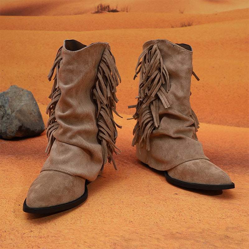 Fringe Detail Slouchy Western Ankle Boots