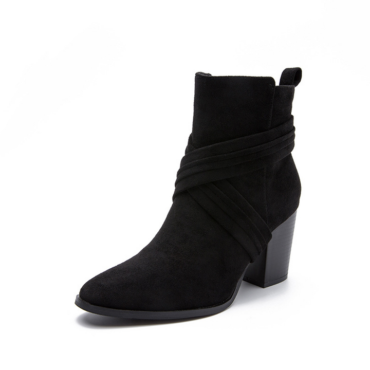 Vintage Suede Wrap Strap Block Heel Ankle Boots