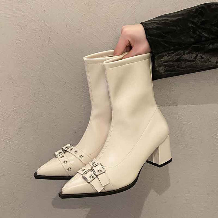 Pointed Toe Buckle Block Heel Ankle Boots