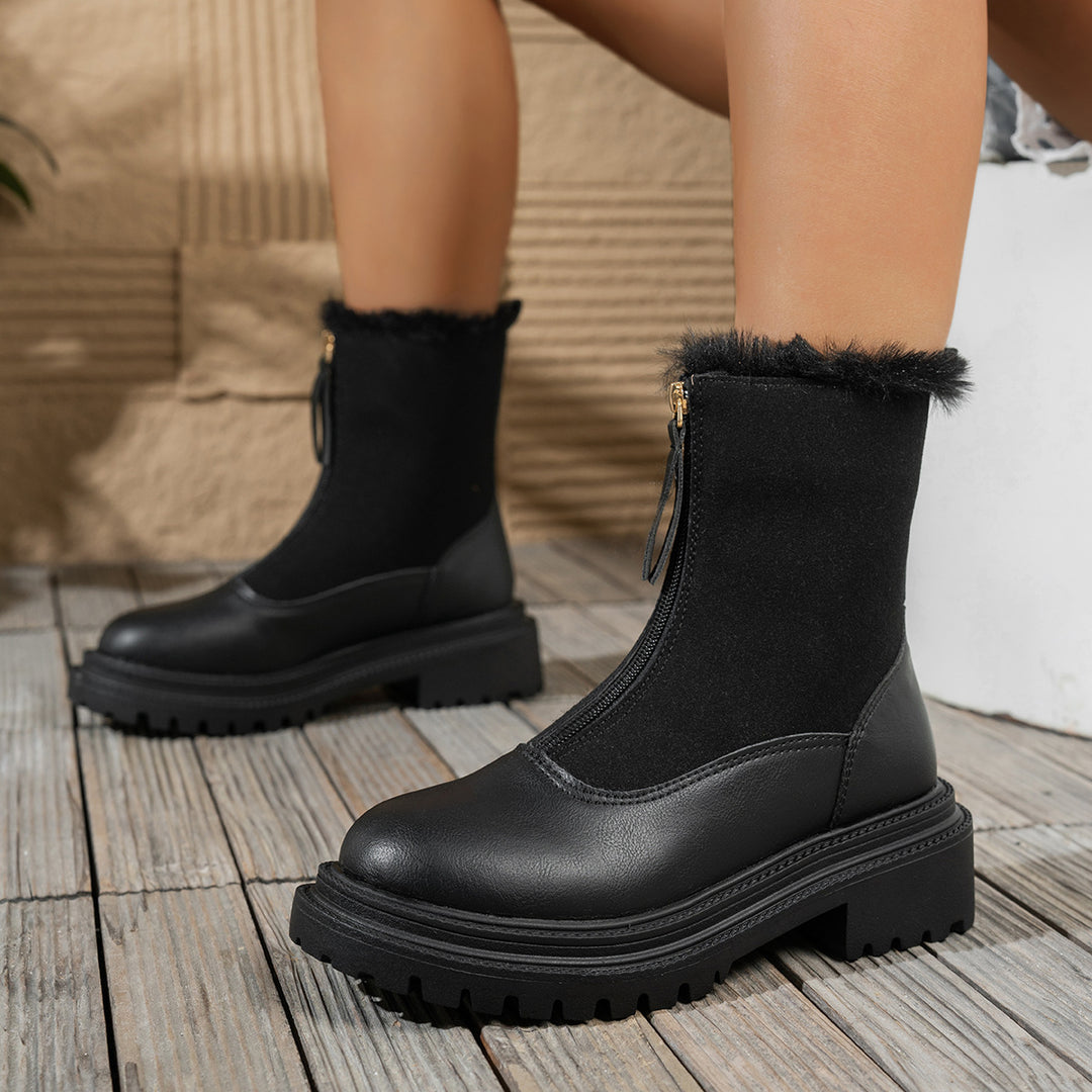 Black Faux Fur Trim Platform Ankle Boots
