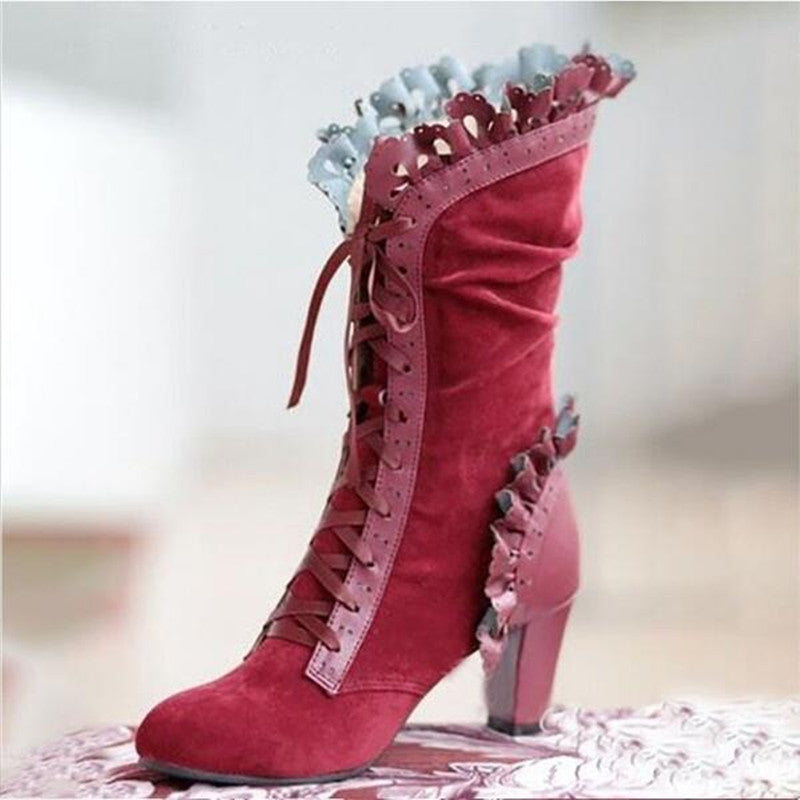 Vintage Floral Lace-Up Mid-Calf Boots
