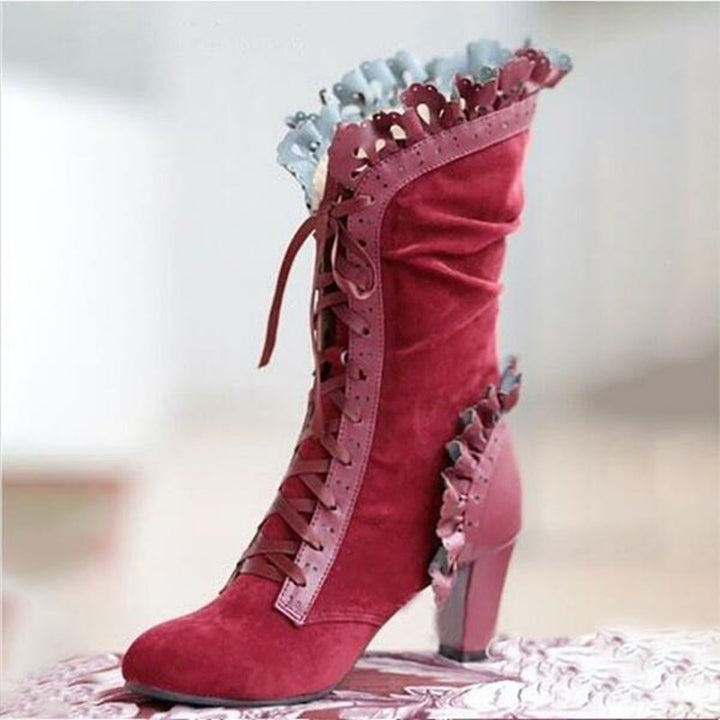 Vintage Floral Lace-Up Mid-Calf Boots