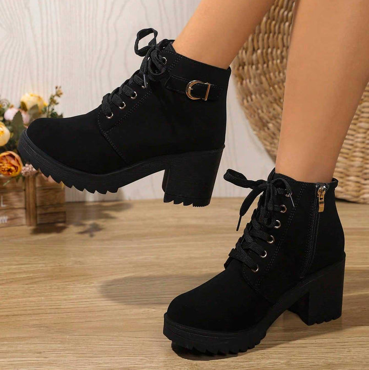 Lace Up Solid Color Block Heel Ankle Boots