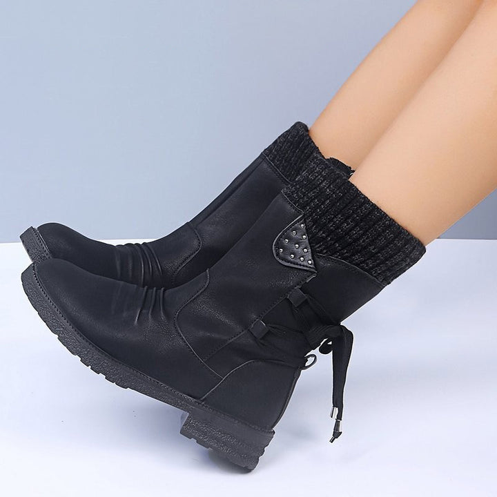 Vintage Knit Cuff Lace-Up Mid-Calf Boots