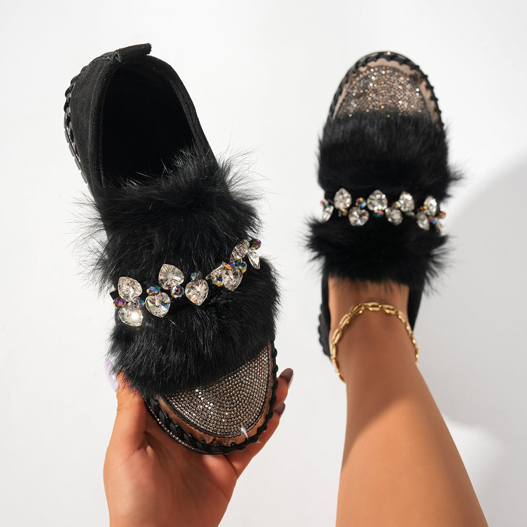 Rhinestone Faux Fur Loafers