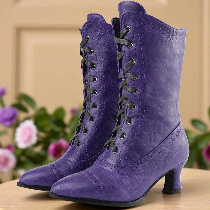 Vintage Two-Tone Lace-Up Mid-Calf Boots