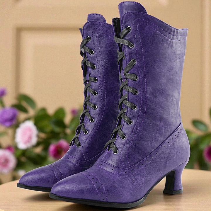 Vintage Two-Tone Lace-Up Mid-Calf Boots