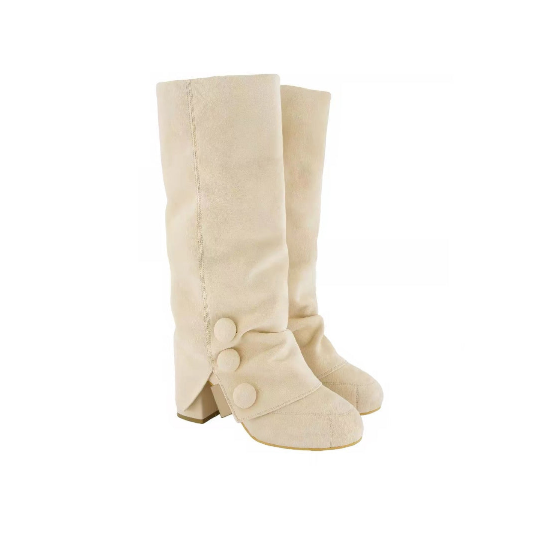 Button Slouch Knee-High Boots