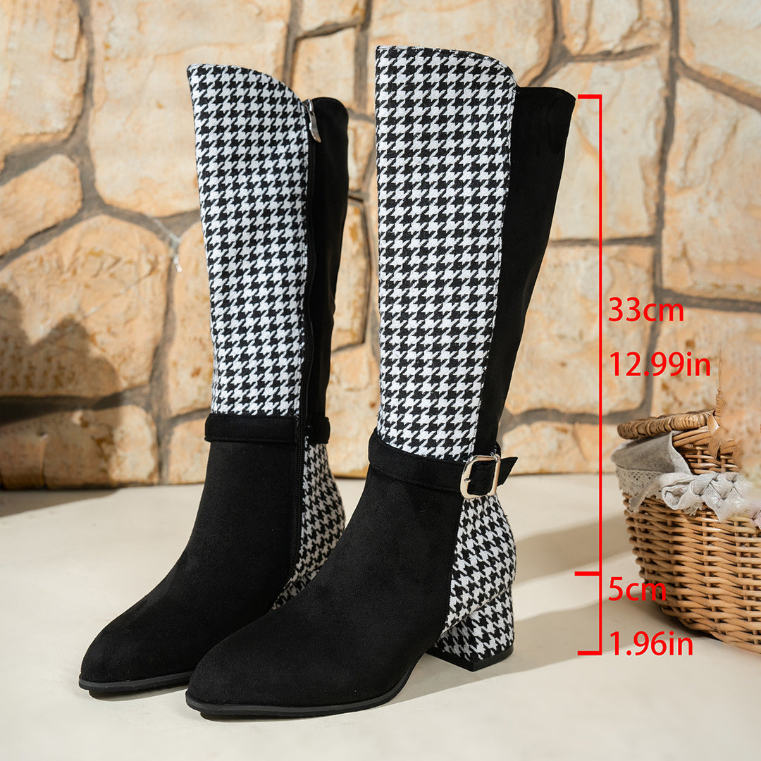 Houndstooth Knee-High Block Heel Boots