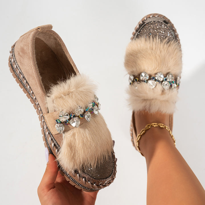 Rhinestone Faux Fur Loafers
