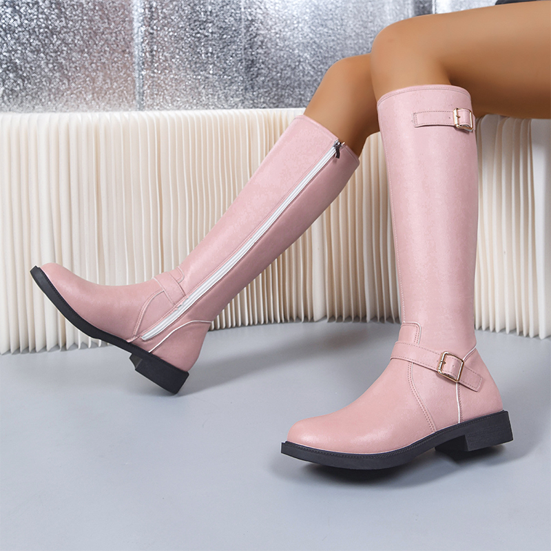Sparkling Denim Buckle Knee-High Boots