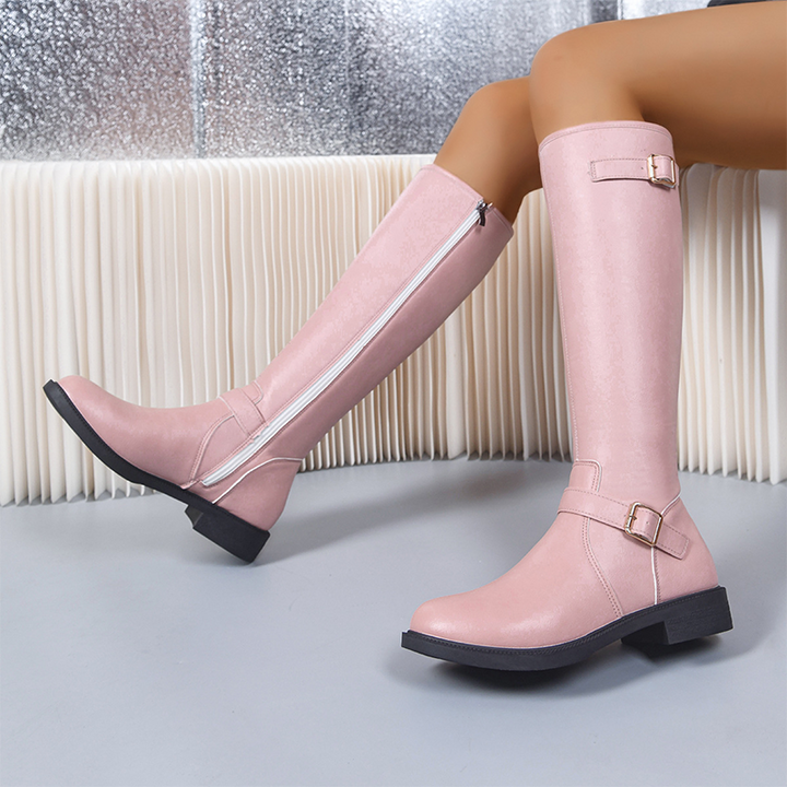 Sparkling Denim Buckle Knee-High Boots