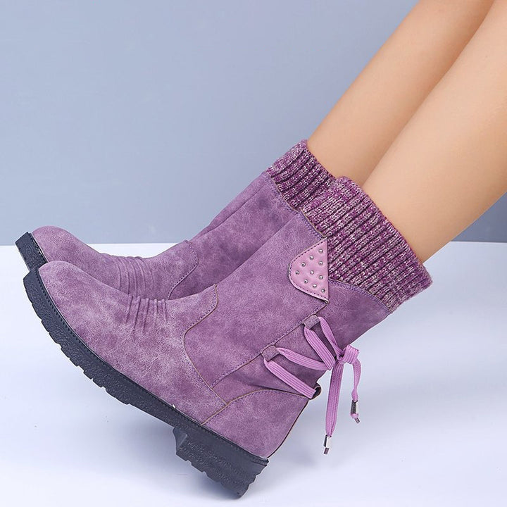 Vintage Knit Cuff Lace-Up Mid-Calf Boots