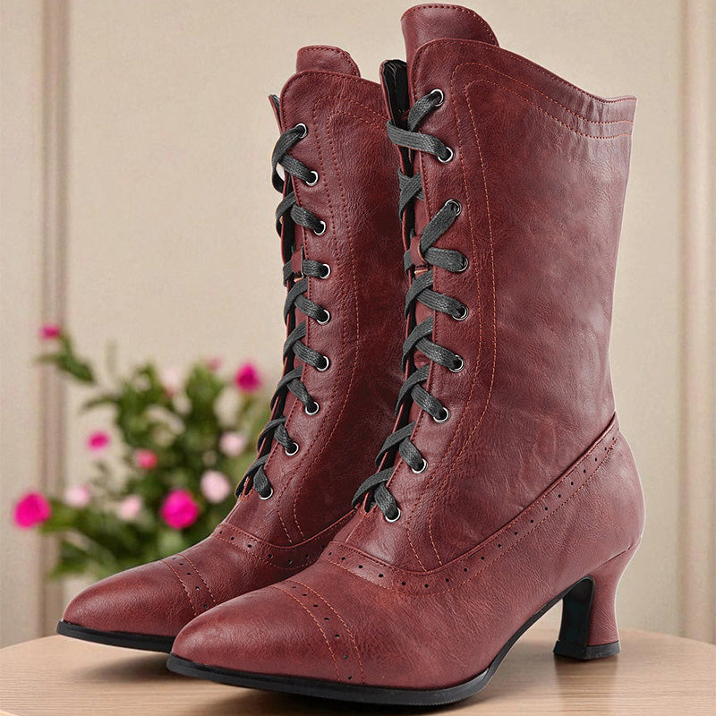 Vintage Two-Tone Lace-Up Mid-Calf Boots