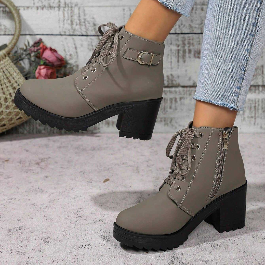 Lace Up Solid Color Block Heel Ankle Boots
