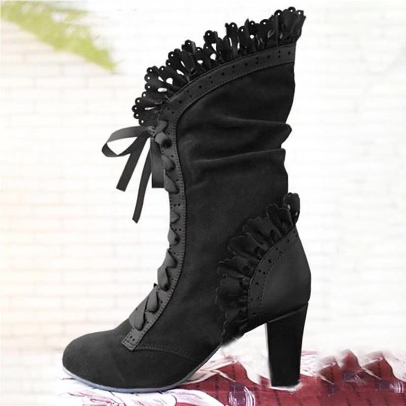 Vintage Floral Lace-Up Mid-Calf Boots