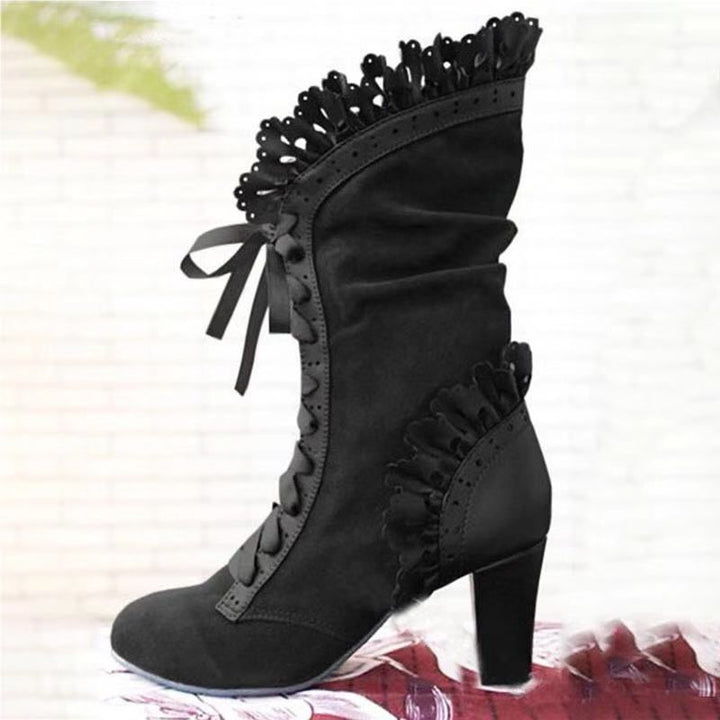 Vintage Floral Lace-Up Mid-Calf Boots
