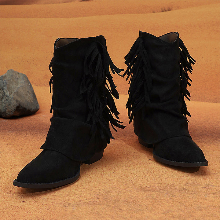 Fringe Detail Slouchy Western Ankle Boots