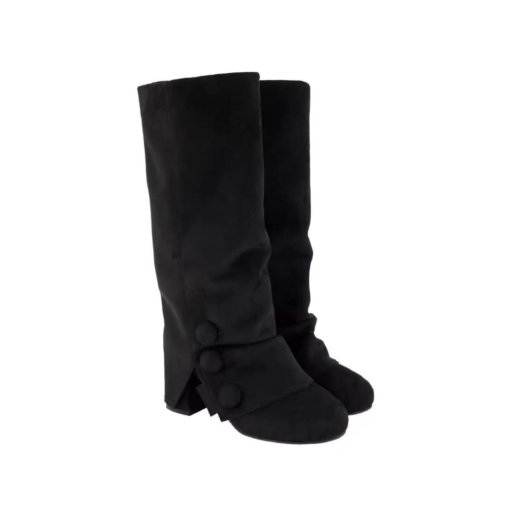 Button Slouch Knee-High Boots