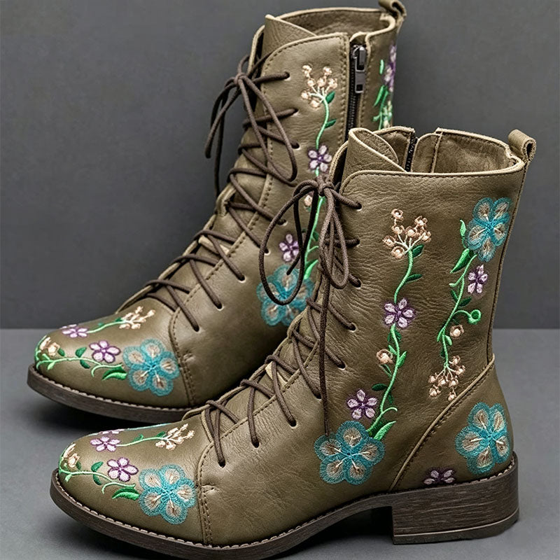 Vintage Floral Lace-Up Ankle Boots